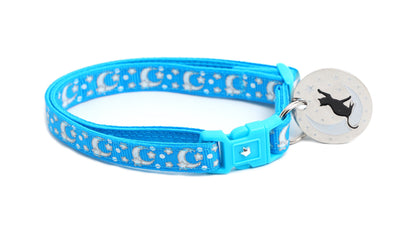 Silver Moons and Stars on Peacock Blue Cat Collar