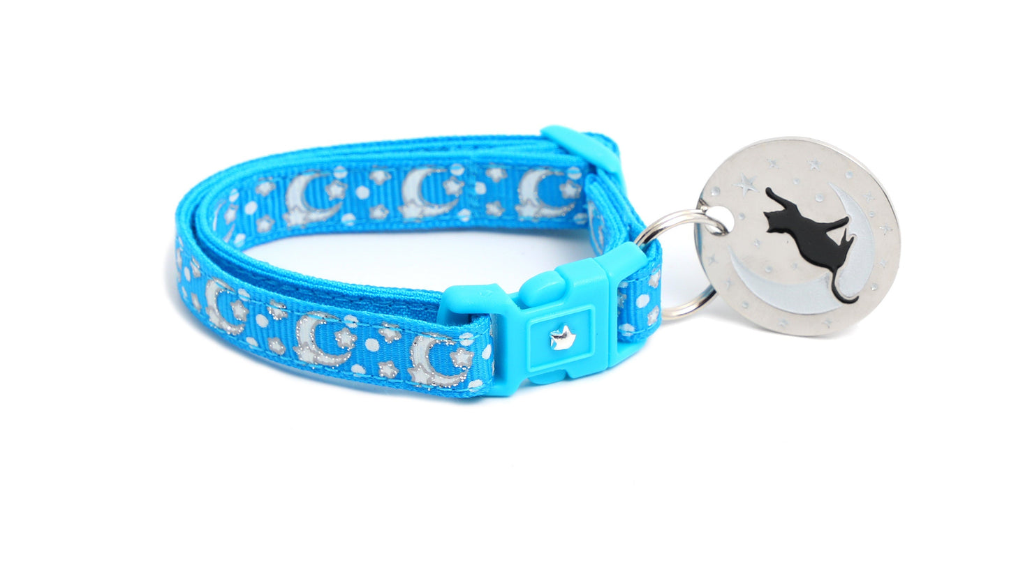 Silver Moons and Stars on Peacock Blue Cat Collar