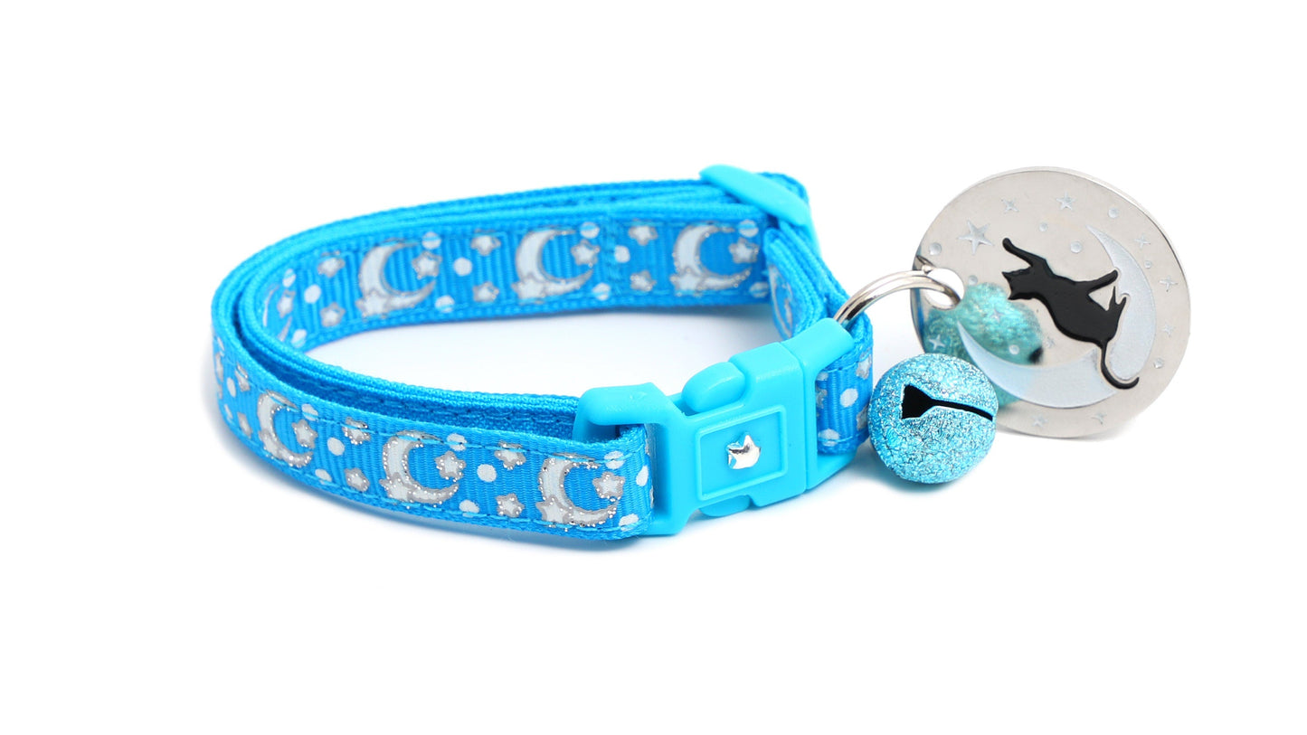 Silver Moons and Stars on Peacock Blue Cat Collar