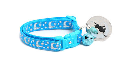 Silver Moons and Stars on Peacock Blue Cat Collar