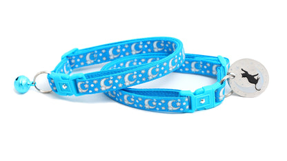 Silver Moons and Stars on Peacock Blue Cat Collar