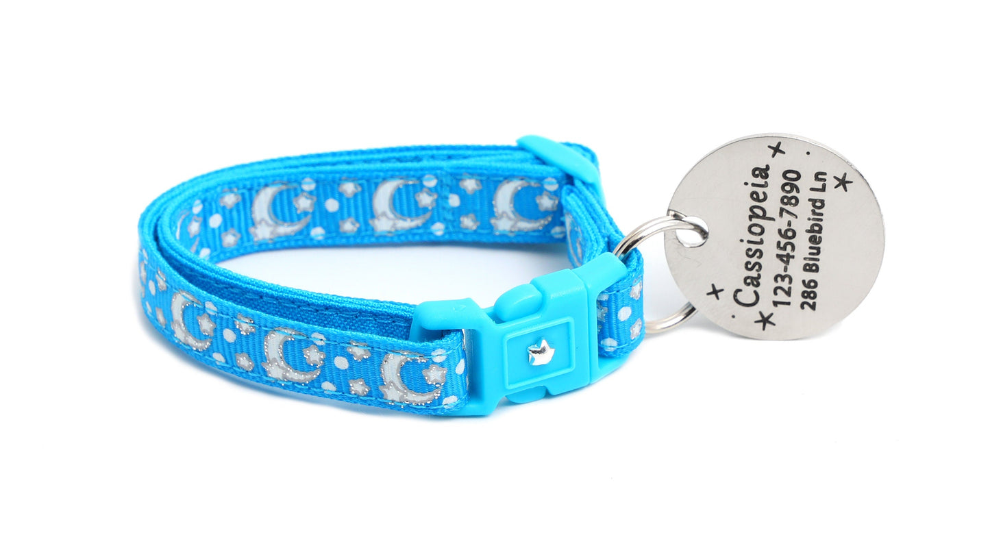 Silver Moons and Stars on Peacock Blue Cat Collar