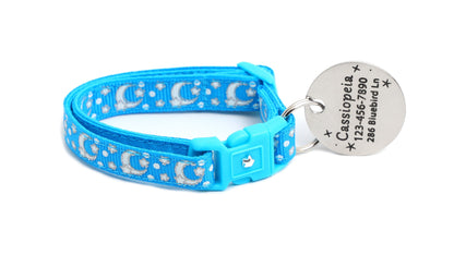 Silver Moons and Stars on Peacock Blue Cat Collar