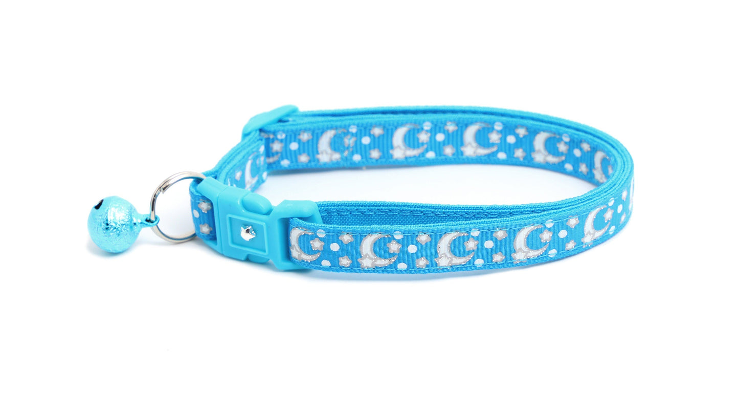 Silver Moons and Stars on Peacock Blue Cat Collar
