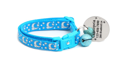 Silver Moons and Stars on Peacock Blue Cat Collar